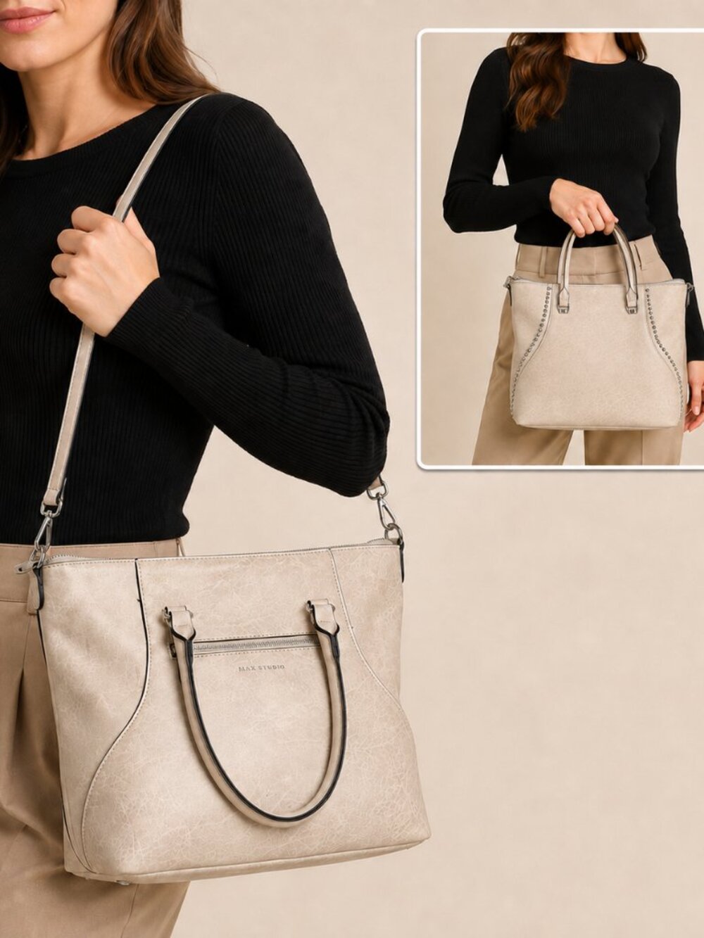 Max Studio Faux Leather Shoulder Bag Quiet Luxury Neutral Zip Tote Purse - Picture 1 of 10